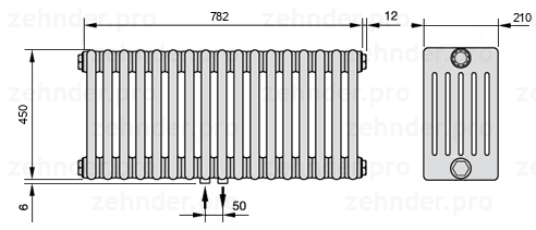 Схема (чертеж) Радиатор Zehnder Charleston 6045/17 №3470 Белый глянцевый RAL 9016
